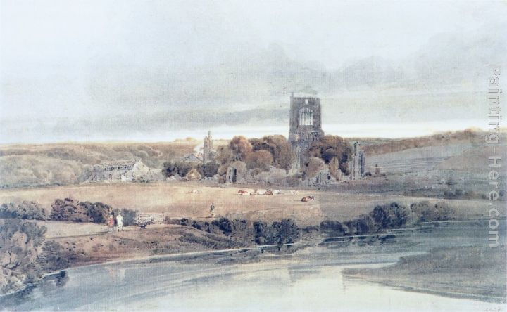 Kirkstall Abbey, Yorkshire, from the Bridge; Morning painting - Thomas Girtin Kirkstall Abbey, Yorkshire, from the Bridge; Morning art painting